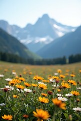 Bright flower field with yellow and white blooms set against majestic mountain backdrop