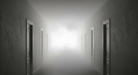 Fototapeta premium Foggy hallway with closed doors leading to bright light