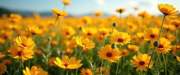 Fototapeta premium Bright yellow flowers in a vibrant field under a sunny sky, creating a cheerful and uplifting atmosphere