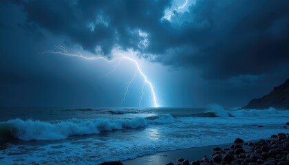 Intense lightning striking the ocean during a dramatic storm under a moody sky