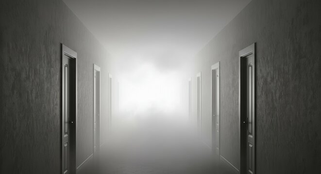 Foggy hallway with closed doors leading to bright light