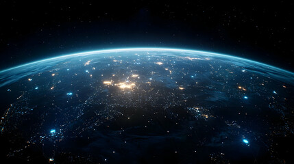 Obraz premium Blue Illuminated Earth Planet Night View With Starry Cosmos and Futuristic Digital Abstract Background