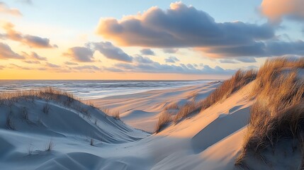 Beautiful sunrise over sand dunes on the Baltic Sea coast.