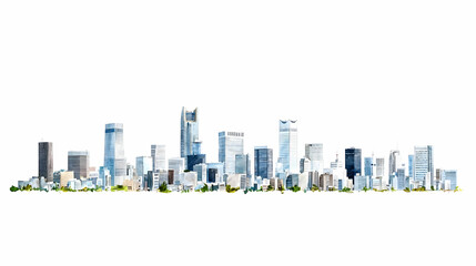 Fototapeta premium City Skyline Silhouette Depicting Modern Architectural Structures with Blue And White Facades against White Background