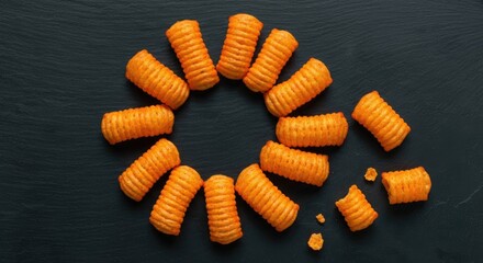 Curved orange crispy snacks arranged in circular pattern on dark background