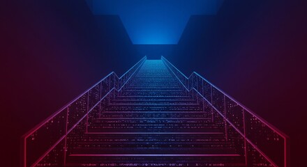 Abstract 3D staircase on gradient burgundy blue futuristic background with data flows, binary codes emphasizing technology theme