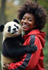 Obraz premium A joyful woman embraces a cute panda in a lush outdoor setting, showcasing a heartwarming bond between humans and animals.