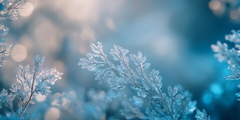 Naklejka premium This stunning close-up image showcases delicate frost-covered foliage in a captivating wintery scene. The cool blue tones set a serene and magical atmosphere. Perfect for nature lovers. AI