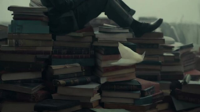 A man in a suit reads atop a pile of books, with a vintage filter. Side angle shot creates a cinematic, introspective video scene.