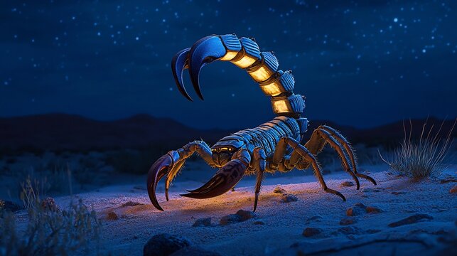 Stealthy Scorpion stalking through the desert at night its segmented tail arched high pincers flexing body glowing faintly under ultraviolet light