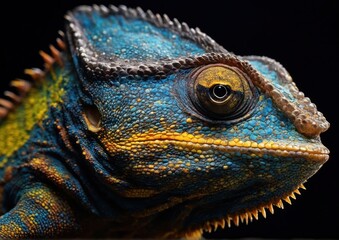 Fototapeta premium Striking Macro Portrait of a Colorful Chameleon Head. Ideal for showcasing exotic reptile details in nature documentaries or educational materials