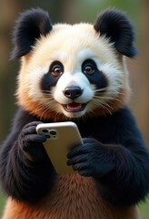 Obraz premium A playful panda holds a smartphone, exuding charm and curiosity in a vibrant natural setting, perfect for engaging marketing campaigns and social media content.