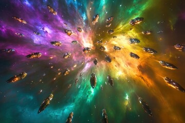 swarm of alien spacecraft converging on a vibrant, multicoloured nebula, ships glittering in hues contrasted against the nebula’s glowing gases