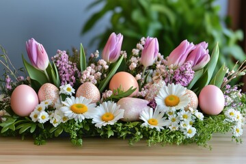 Obraz premium A beautifully arranged Easter display with pastel-colored eggs and elegant floral accents