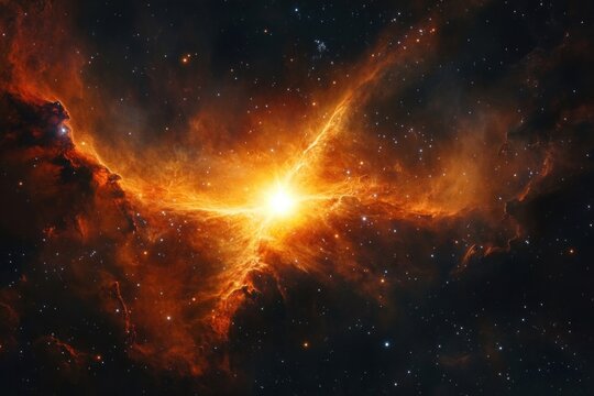 protostar forming in a nebula, capturing the vibrant hues and the dust and gas clouds surrounding it