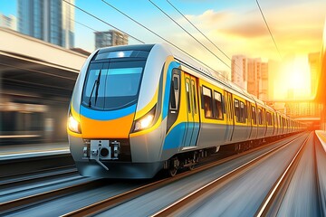 Naklejka premium A modern passenger train is speeding quickly on the railway tracks