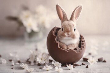 An adorable Easter bunny sitting inside a half-open chocolate egg with pastel sugar flowers