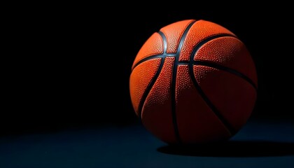 Obraz premium Un primer plano de estudio de una pelota de baloncesto sobre un fondo negro, iluminado para resaltar su textura y forma