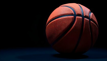 Un primer plano de estudio de una pelota de baloncesto sobre un fondo negro, iluminado para resaltar su textura y forma