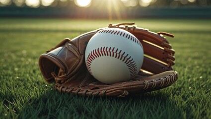 Worn leather baseball glove holding a white ball with red stitching