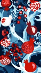 Fototapeta premium Stunning Pomegranate Print: A Vibrant Botanical Design with Intricate Details on a Blue Background