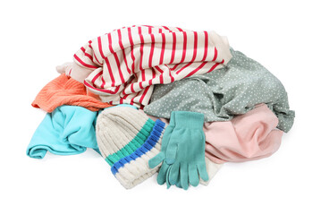 Pile of different used clothes isolated on white