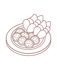 Cevapi Grilled Minced Meat Dish Served with Flatbread and Onions – Balkan Cuisine Adult Coloring Page on White Background