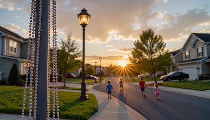 Naklejka premium Children playing on tranquil neighborhood street at sunset, joyful moments
