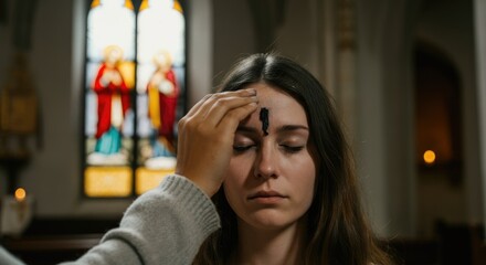 Woman receiving ash cross on forehead in church during Ash Wednesday