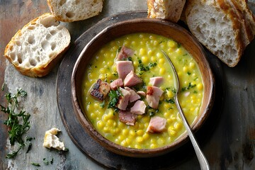 Hearty Pea Soup Delight: A rich, golden pea soup with tender ham, served in a rustic wooden bowl, complemented by crusty bread, evoking warmth and comfort.