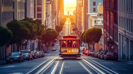 San Francisco cable car at sunset, California, United States of America