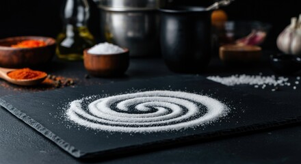 Obraz premium Spiral pattern of salt on black slate with various spices in background