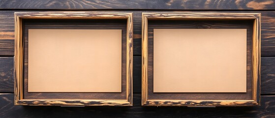 Fototapeta premium Two Rustic Wooden Frames Mockup on Dark Wood Background