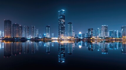 Obraz premium Night Cityscape Reflection, Tranquil urban beauty at night.