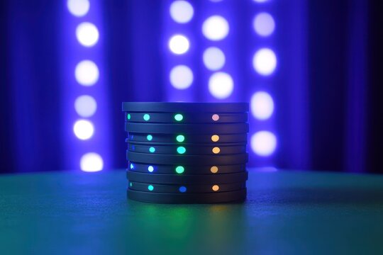 Illuminated data stack on table, bokeh background; tech concept