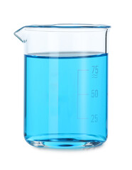 Glass beaker with light blue liquid on mirror surface against white background