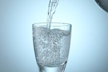 Pouring refreshing soda water into glass on light background, closeup