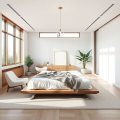 Modern luxury bedroom interior in minimal scandinavian style