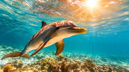 Obraz premium A happy dolphin swimming near the coral reef in a bright sunlit ocean. Generative AI