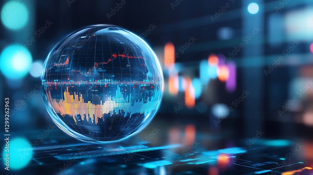 Poster a high-tech background with a transparent, floating globe displaying real-time global information
