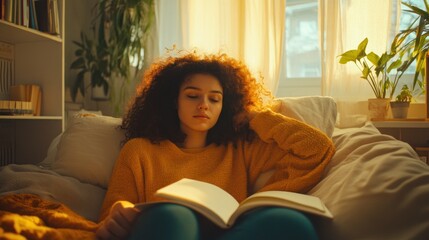 Cozy Reading Session: A Young Woman Enjoys a Book in the Warm Sunlight of Her Bedroom