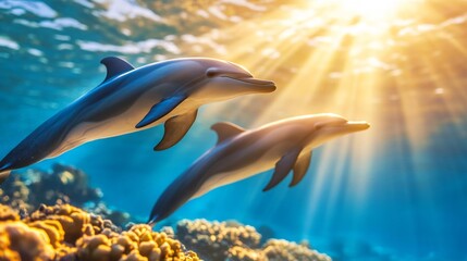 Obraz premium Two dolphins swimming together under a golden sunlight filter in the crystal-clear blue ocean waters. Generative AI