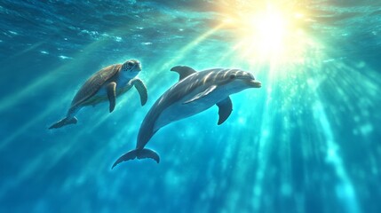 Obraz premium A Dolphin and a Sea Turtle Gliding Through the Ocean Waters Together. Generative AI