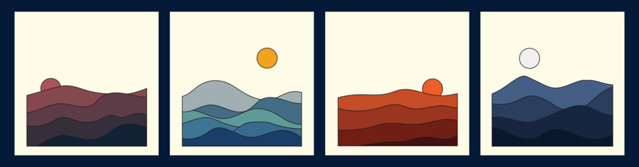 Set of abstract simple backgrounds. Beach , mountain, hills, desert pattern symbol of each part of the day. Sunrise, sunset, day, night. web banner, poster, bohemian style.Vector illustration