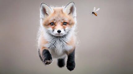 Obraz premium Adorable Fox Cub in Mid-Air Flight, Natural Background, Possible Use in Children's Books