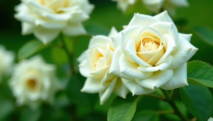 Dense cluster of snowy white rose blossoms, vibrant green leaves , white roses, photography, fresh