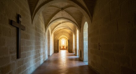 Fototapeta premium Serene, sunlit hallway in old stone church with wooden cross on wall