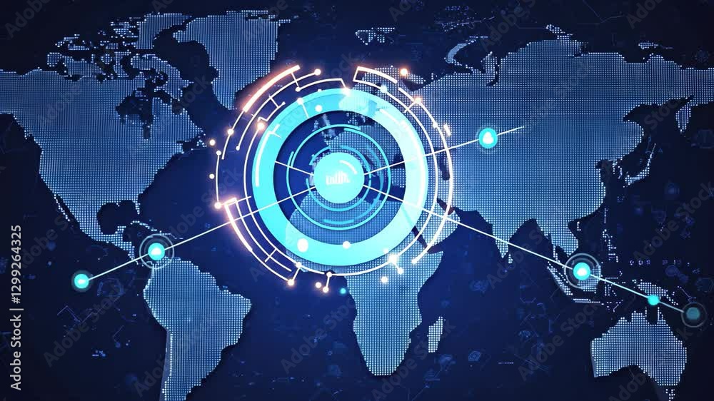Poster data processing and security key icon over global map in digital technology environment, key icon an