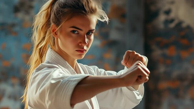 Pushing towards a young female martial artist in a white gi ready to throw a punch towards the camera with as wind gently blows her hair.