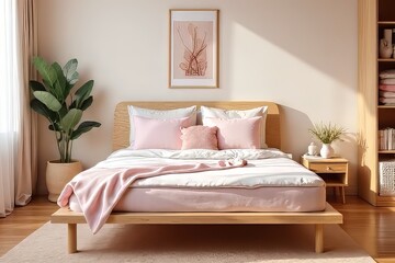 Fototapeta premium Cozy Pink Bedroom with Wooden Bed and Plants